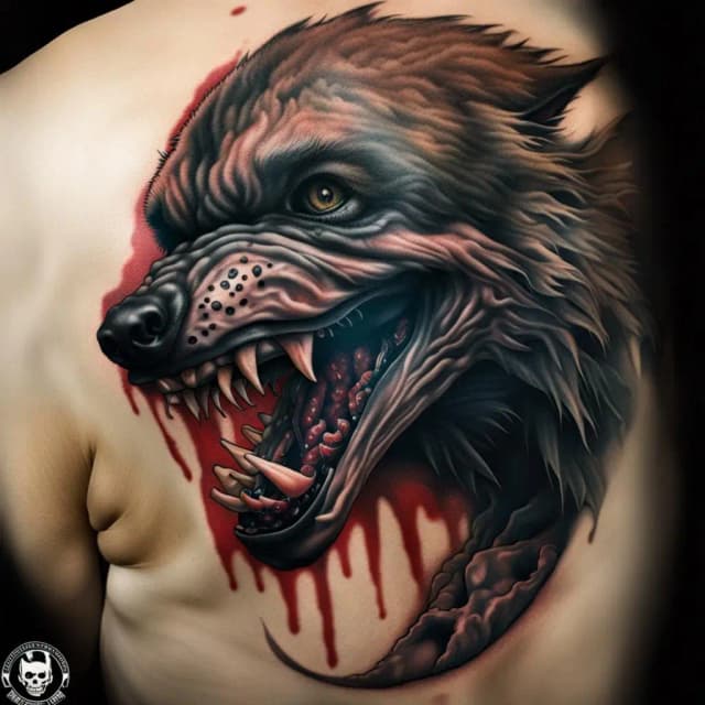 Werewolf tatoo with a high level of detail and a scary look.