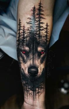 Werewolf tatoo with a high level of detail and red eyes.